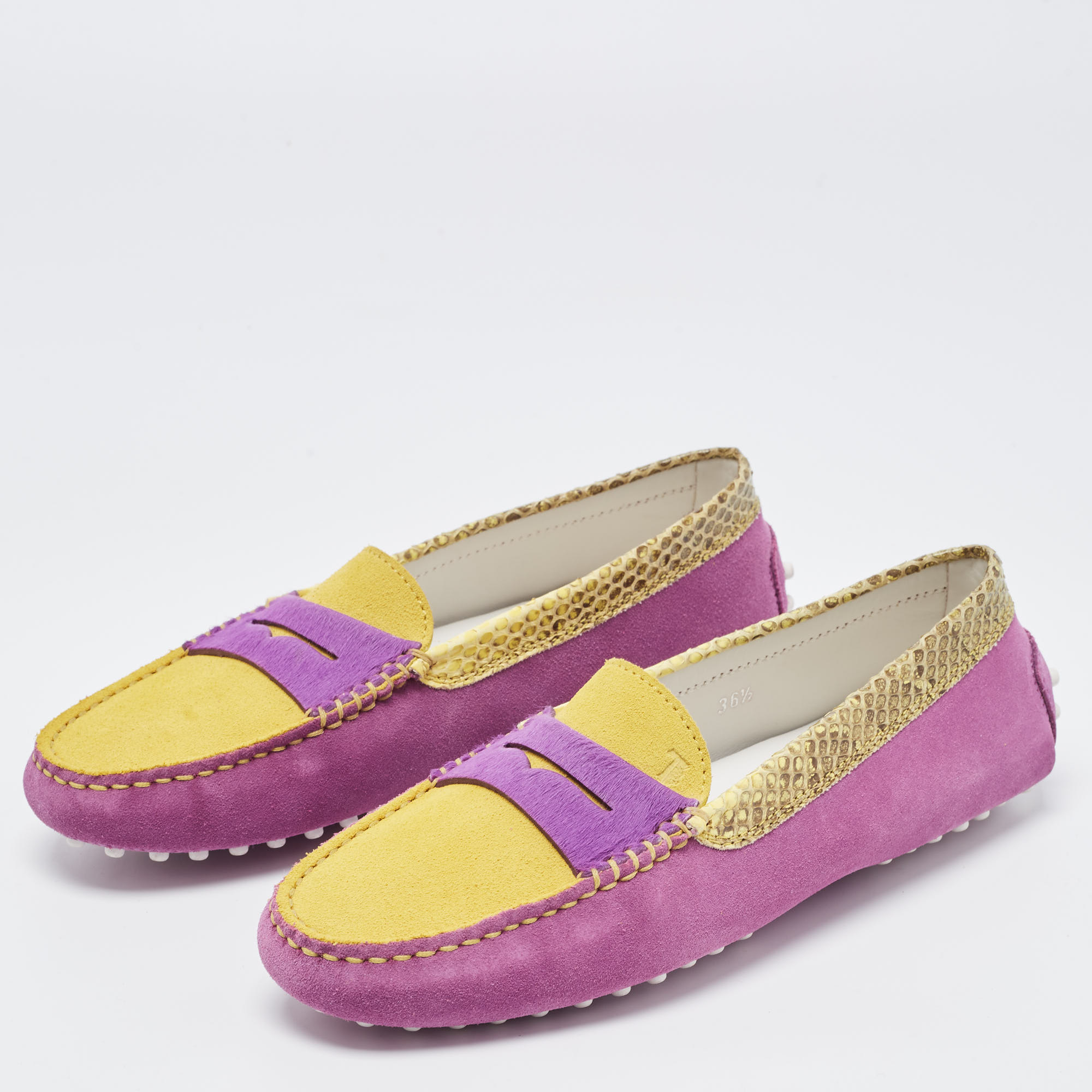 

Tod's Purple/Yellow Suede and Snakeskin Penny Loafers Size