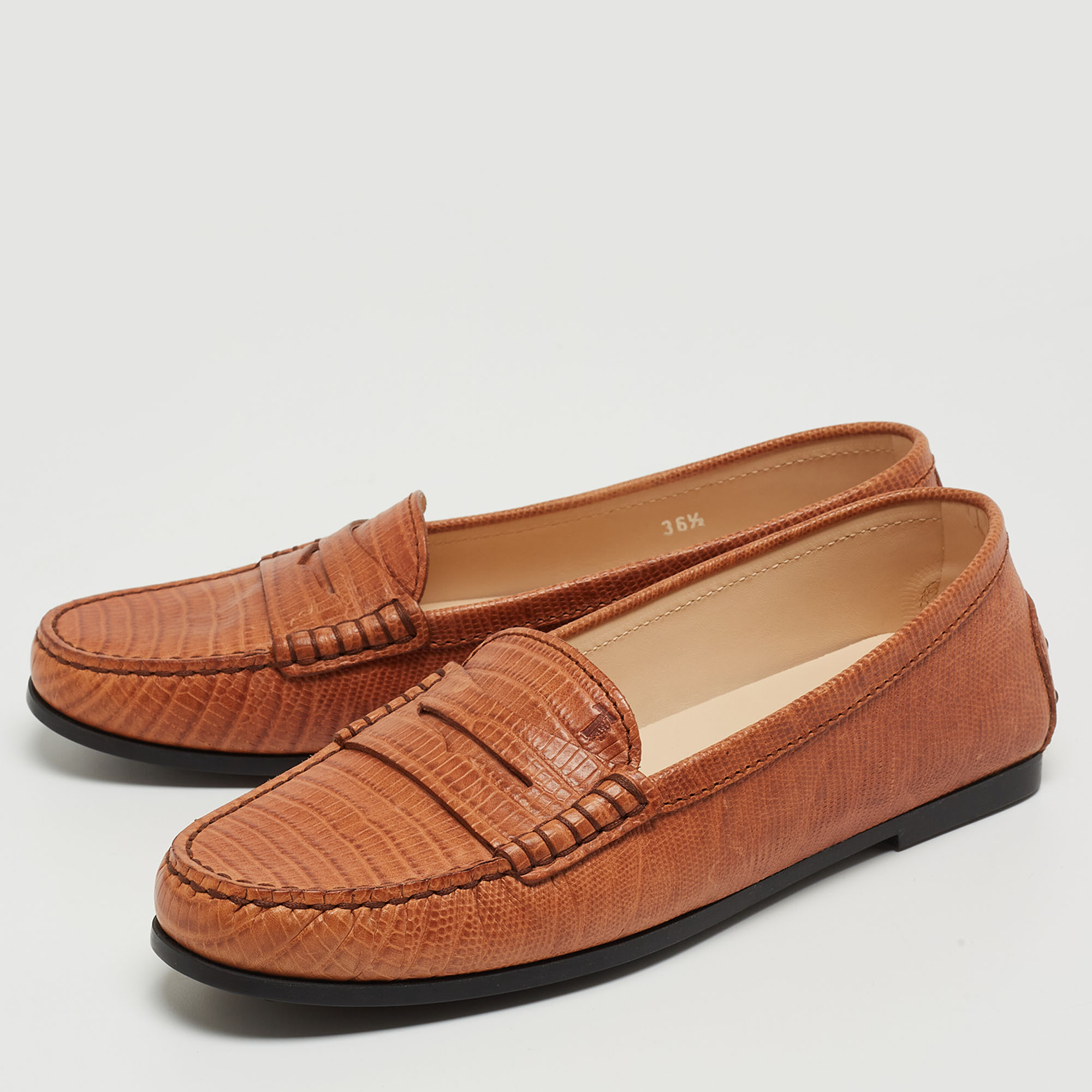 

Tod's Brown Lizard Embossed Leather Gommino Penny Slip On Loafers Size