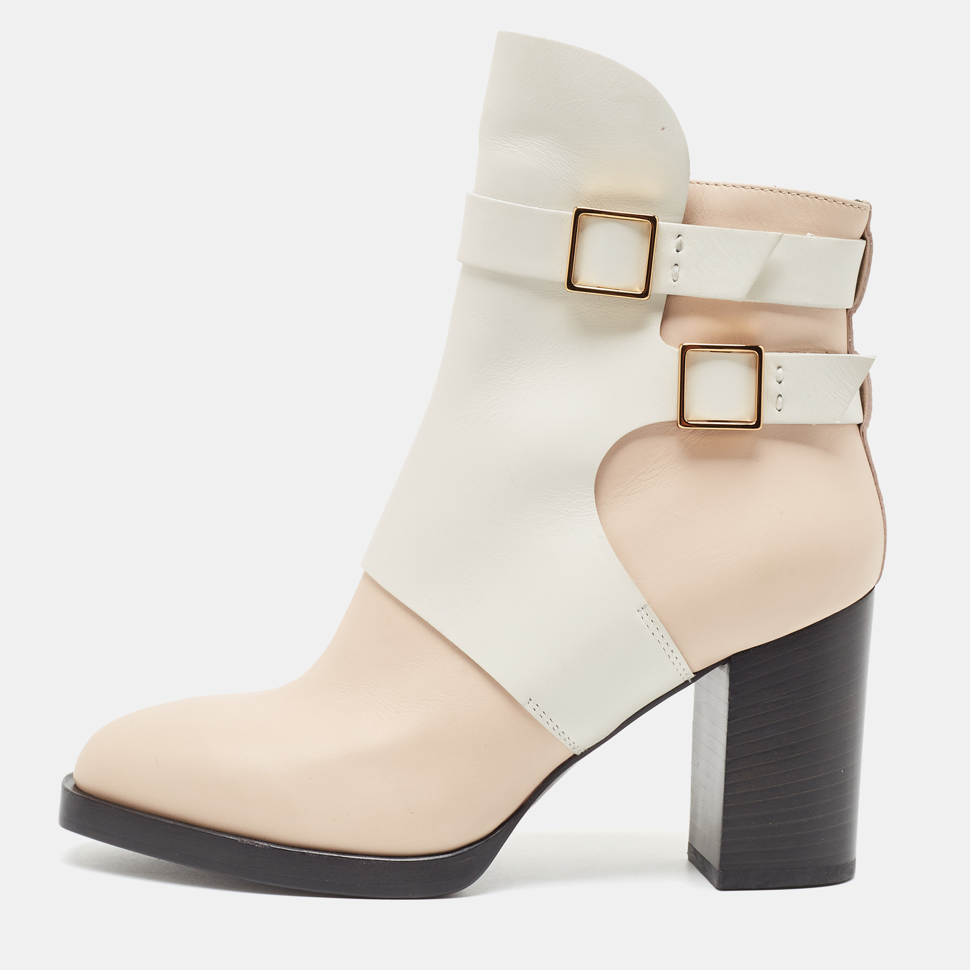 

Tod's White/Beige Leather Buckle Detail Block Heel Ankle Boots Size