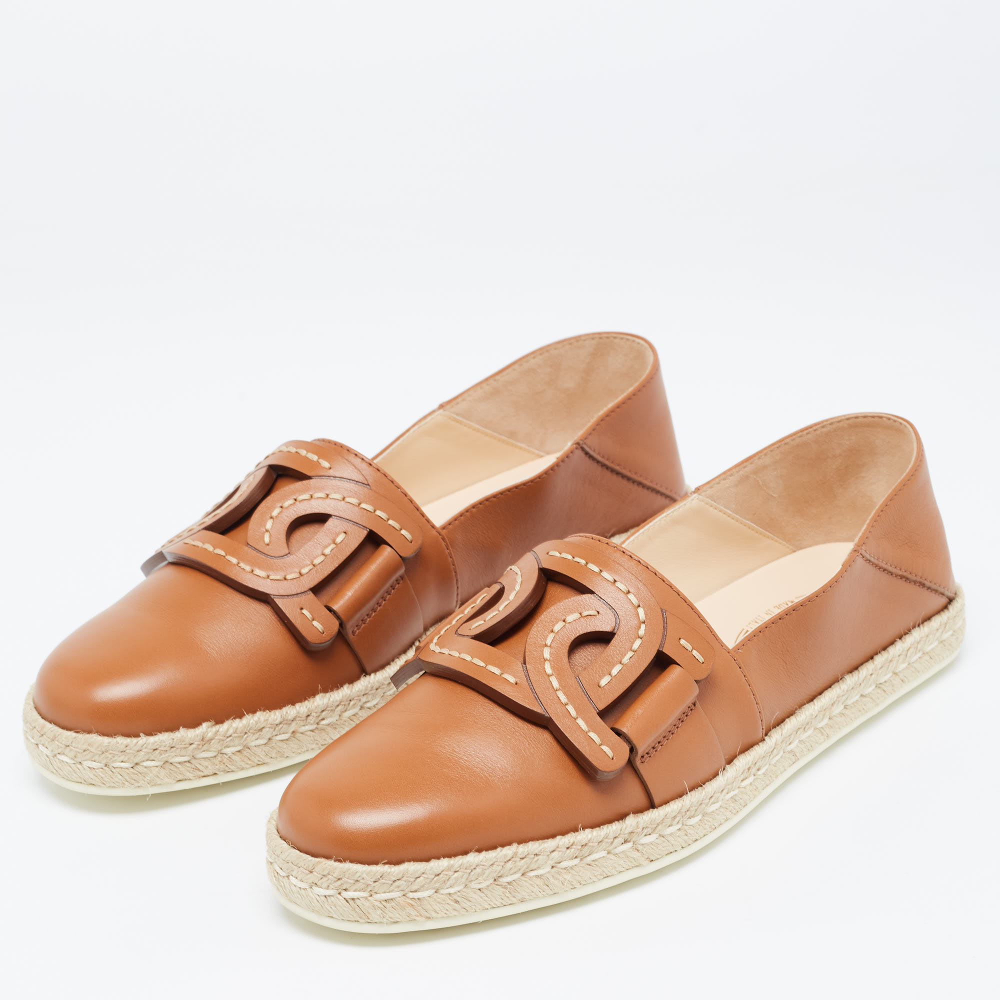 

Tod's Brown Leather Chain Detail Espadrille Flats Size