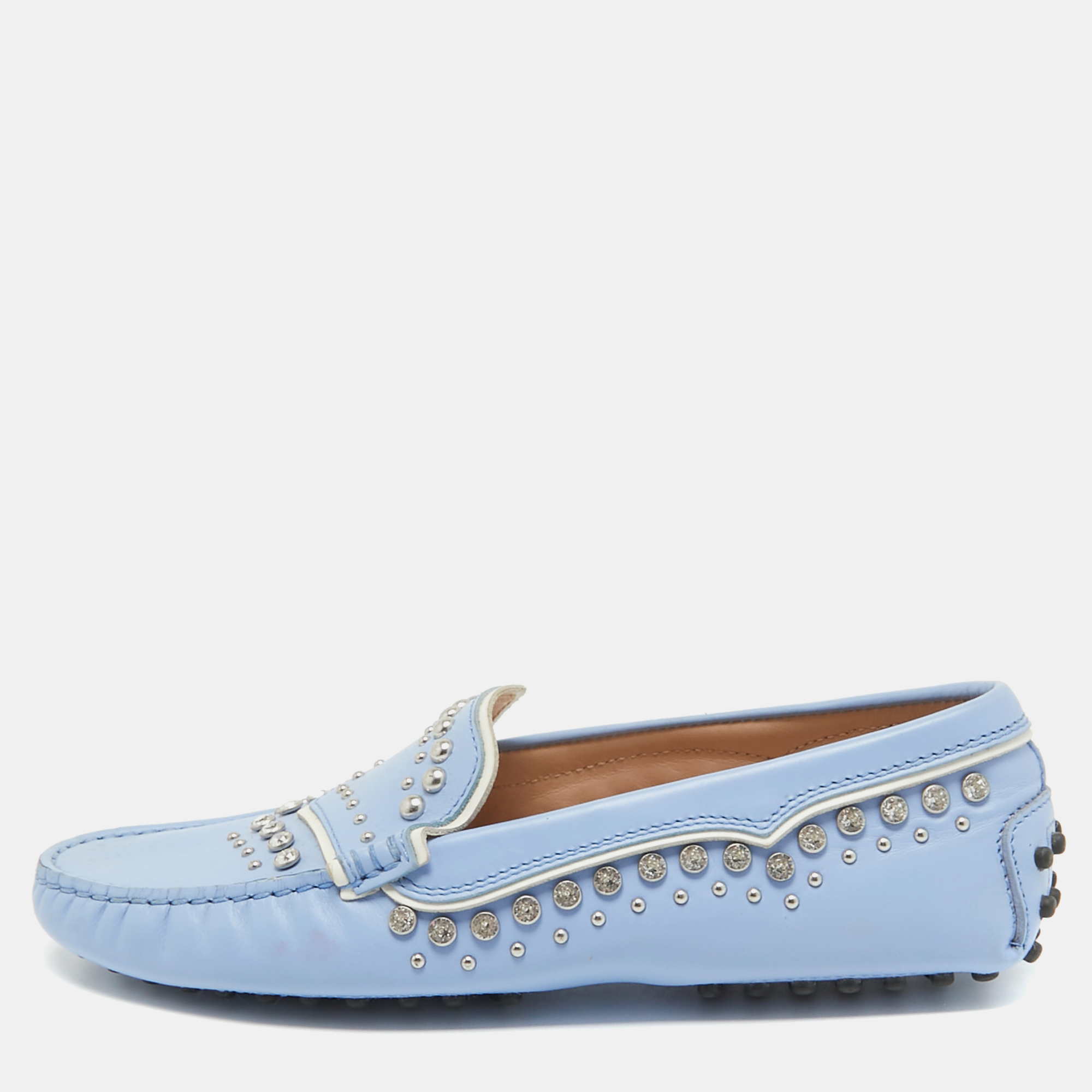 Pre-owned Tod's Blue Leather Crystal Embellished Loafers Size 37