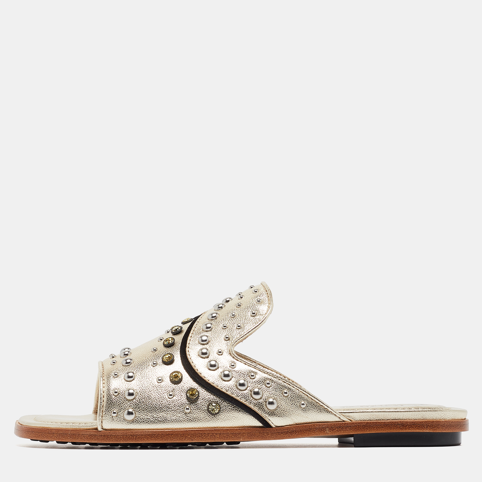 Pre-owned Tod's Metallic Gold Leather Studded Embellished Flat Slides Size 37.5