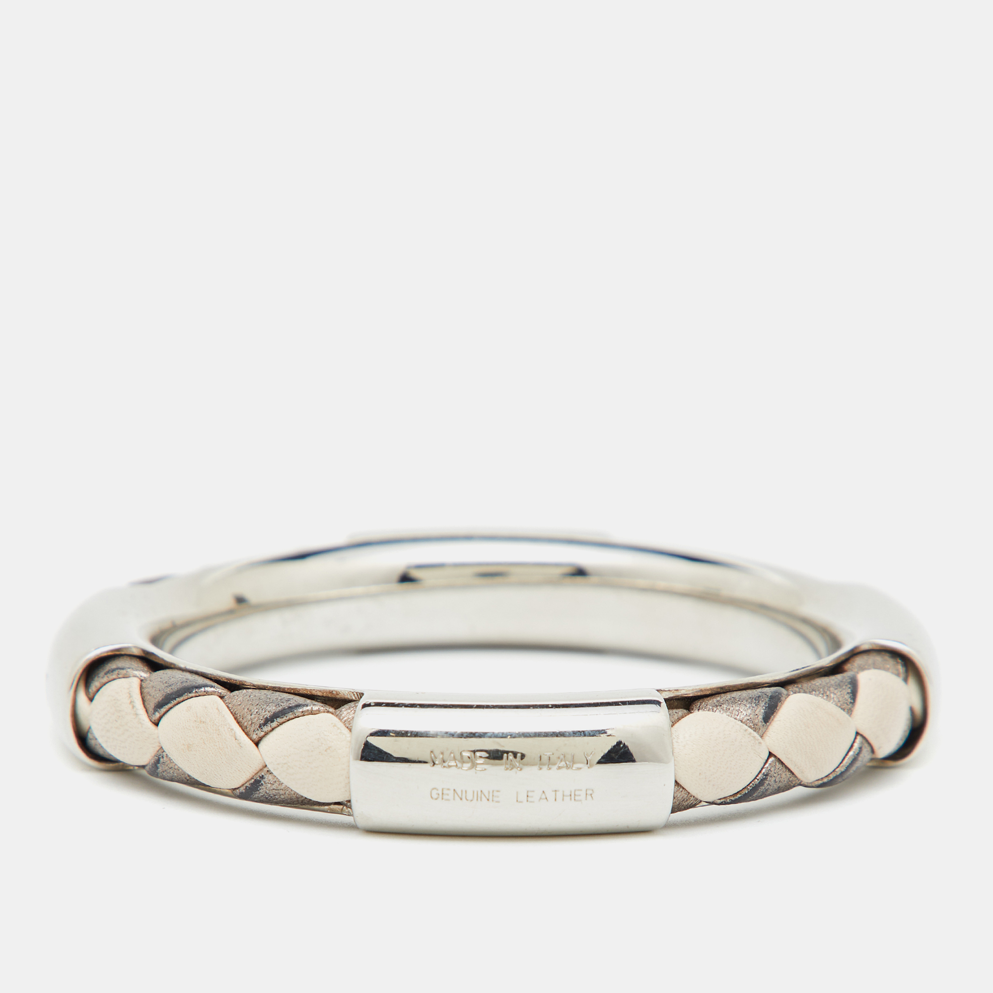 

Tod's Silver Tone Braided Leather Bangle Bracelet, Cream