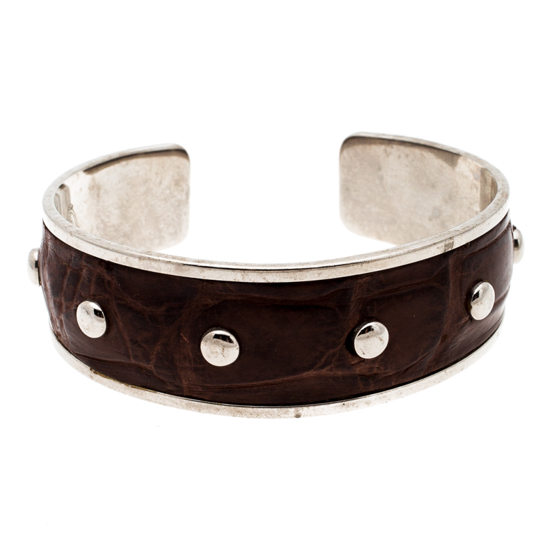

Tod's Dark Brown Embossed Leather Studded Silver Tone Narrow Cuff Bracelet