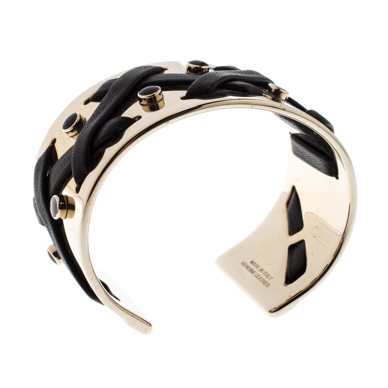 

Tod's Black Leather Criss Cross Gold Tone Open Cuff Bracelet