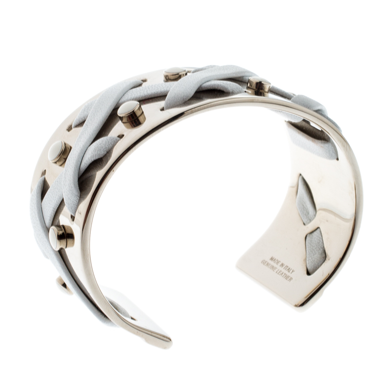 

Tod's White Leather Criss Cross Gold Tone Open Cuff Bracelet