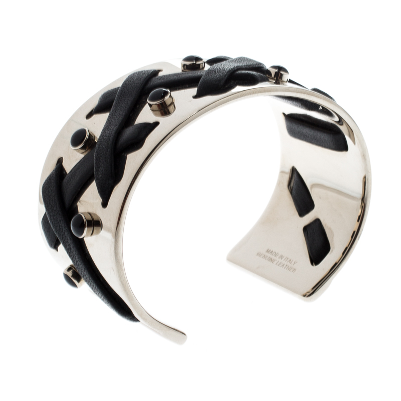 

Tod's Black Leather Criss Cross Gold Tone Open Cuff Bracelet