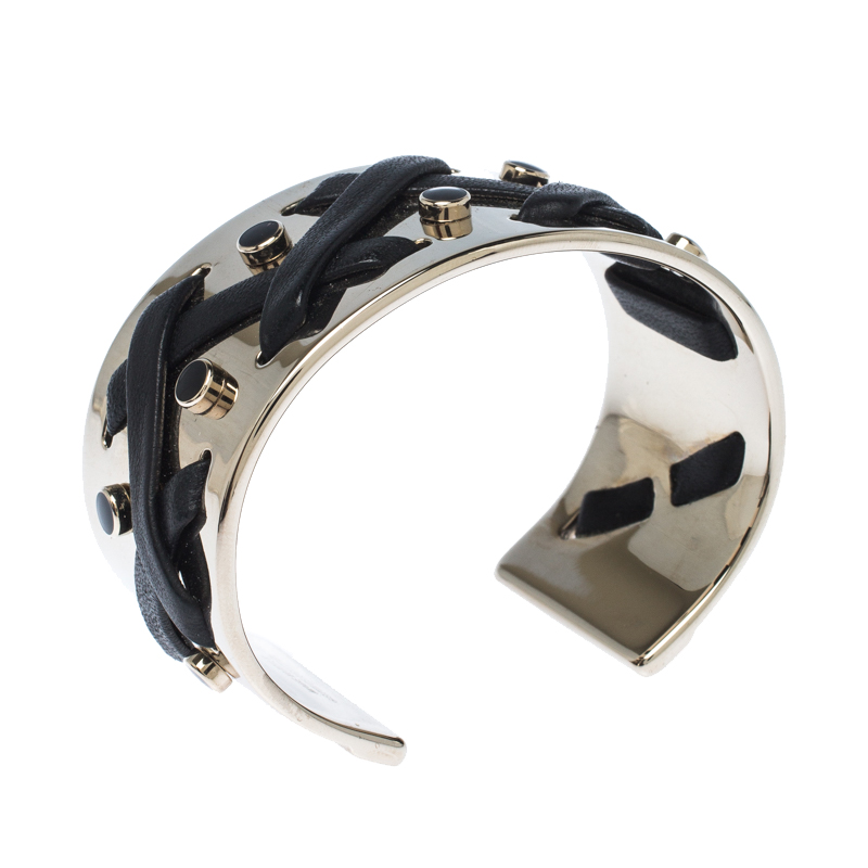 

Tod's Black Leather Criss Cross Gold Tone Open Cuff Bracelet