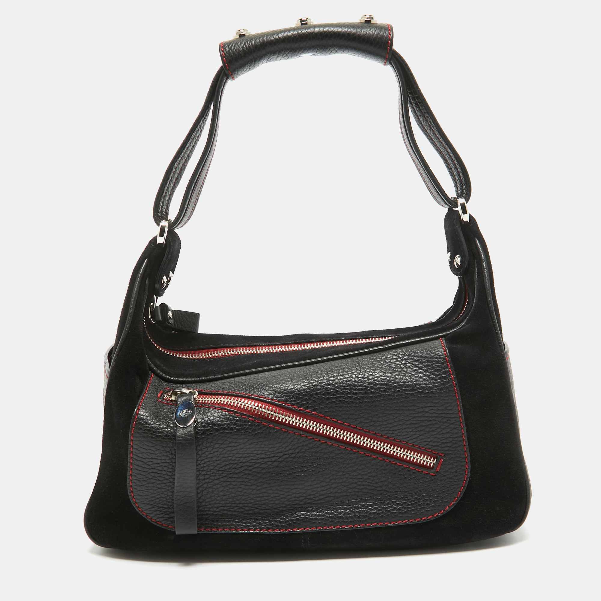 

Tod's by Ferrari Black/Red Leather and Suede Micky Hobo