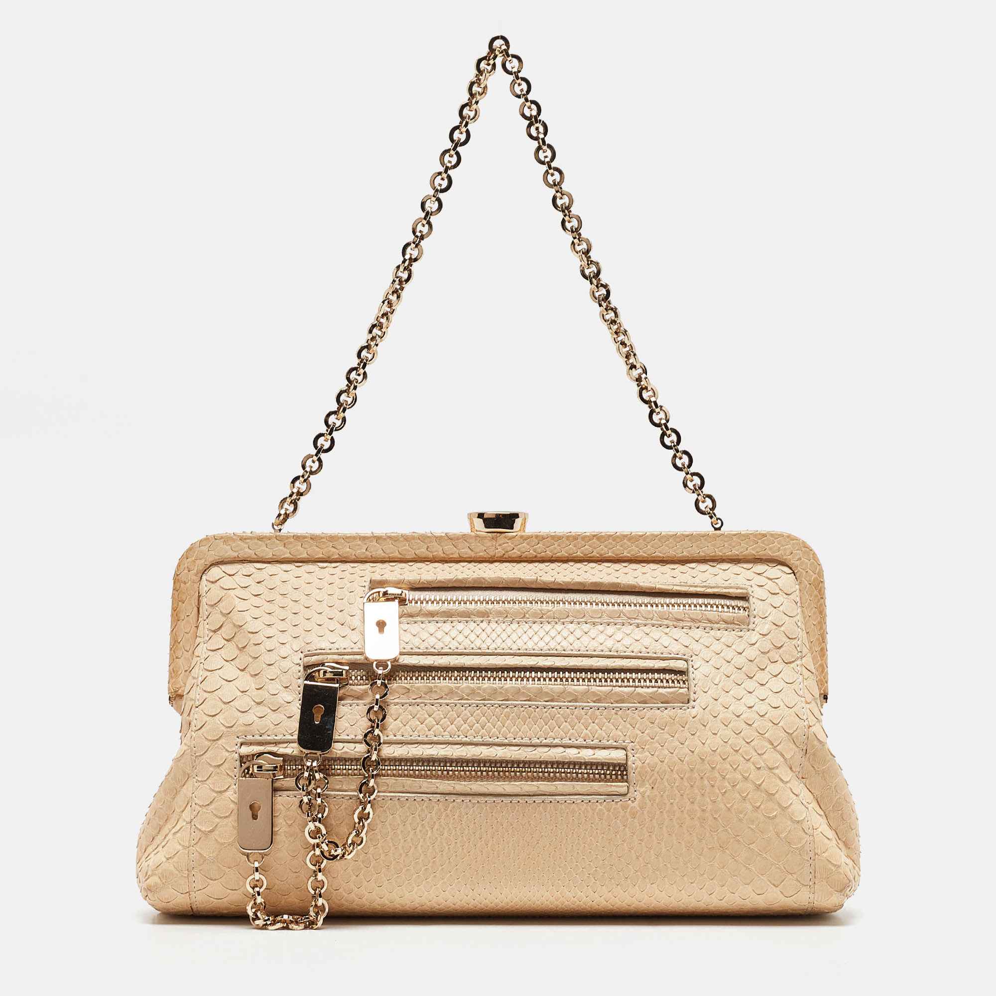 

Tod's Light Beige Snake Triple Zip Chain Clutch