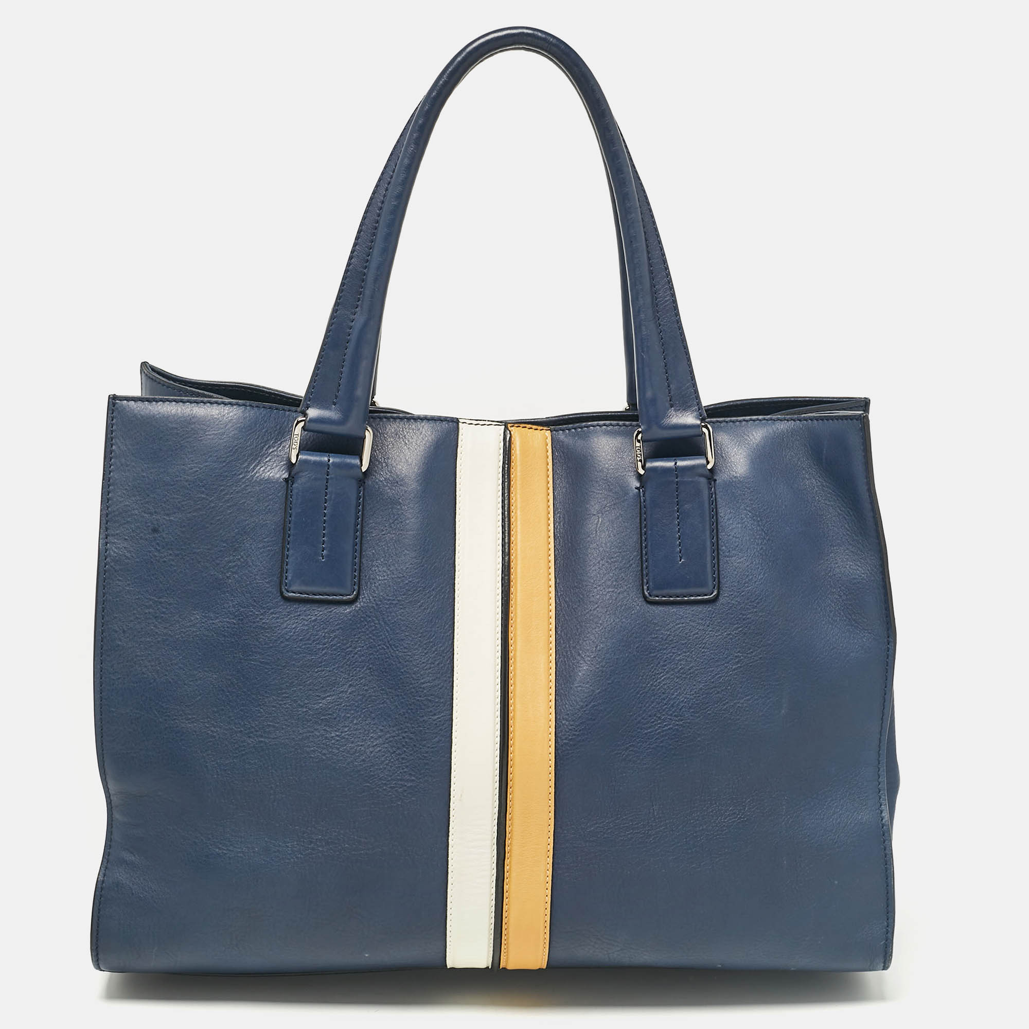 

Tod's Navy Blue Leather Stripe Tote