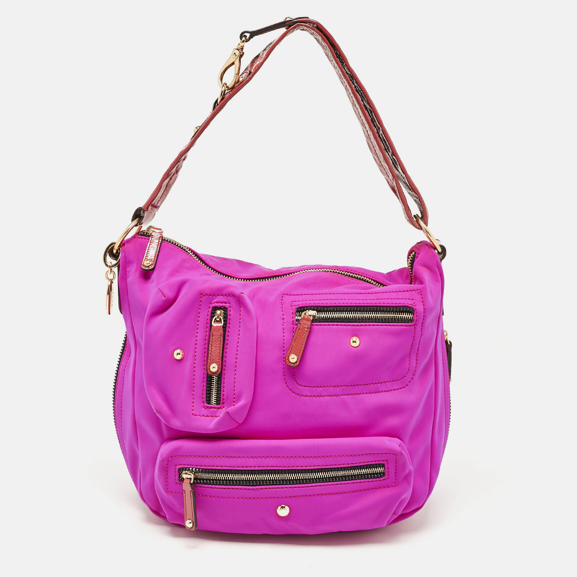 

Tod's Purple/Old Rose Neoprene and Patent Leather Multiple Pocket Expandable Hobo