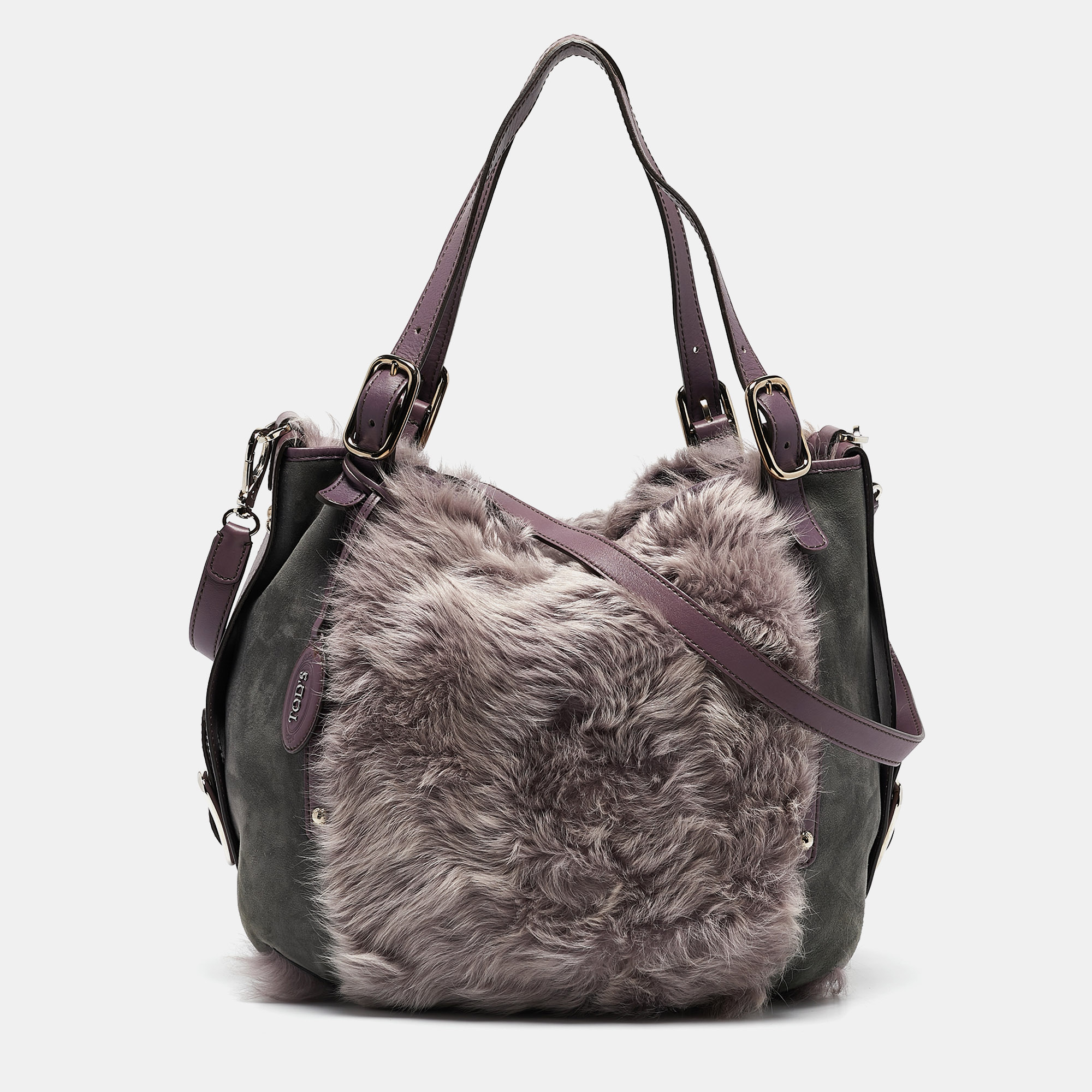 

Tod's Purple/Grey Fur, Suede and Leather Buckle Hobo