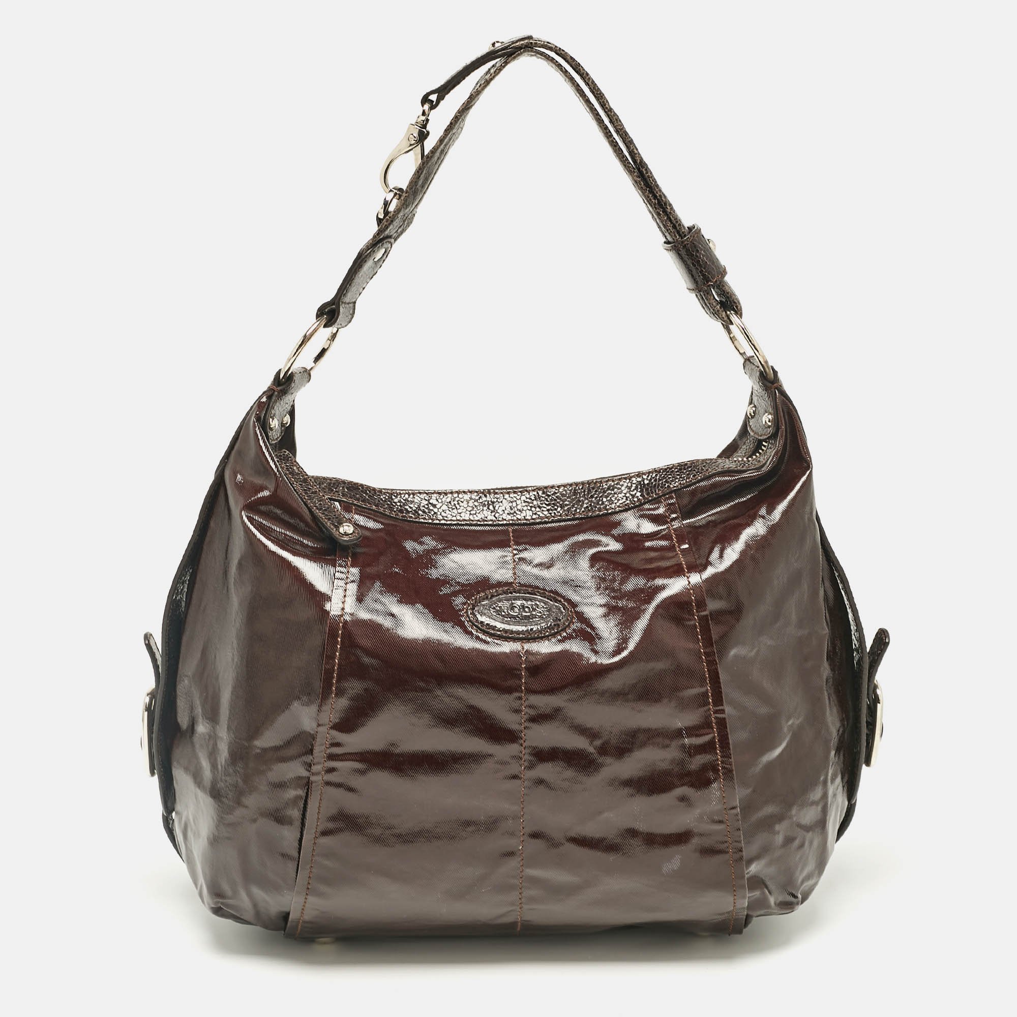 

Tod's Dark Brown Coated Canvas and Crackled Patent Leather Side Buckle Hobo