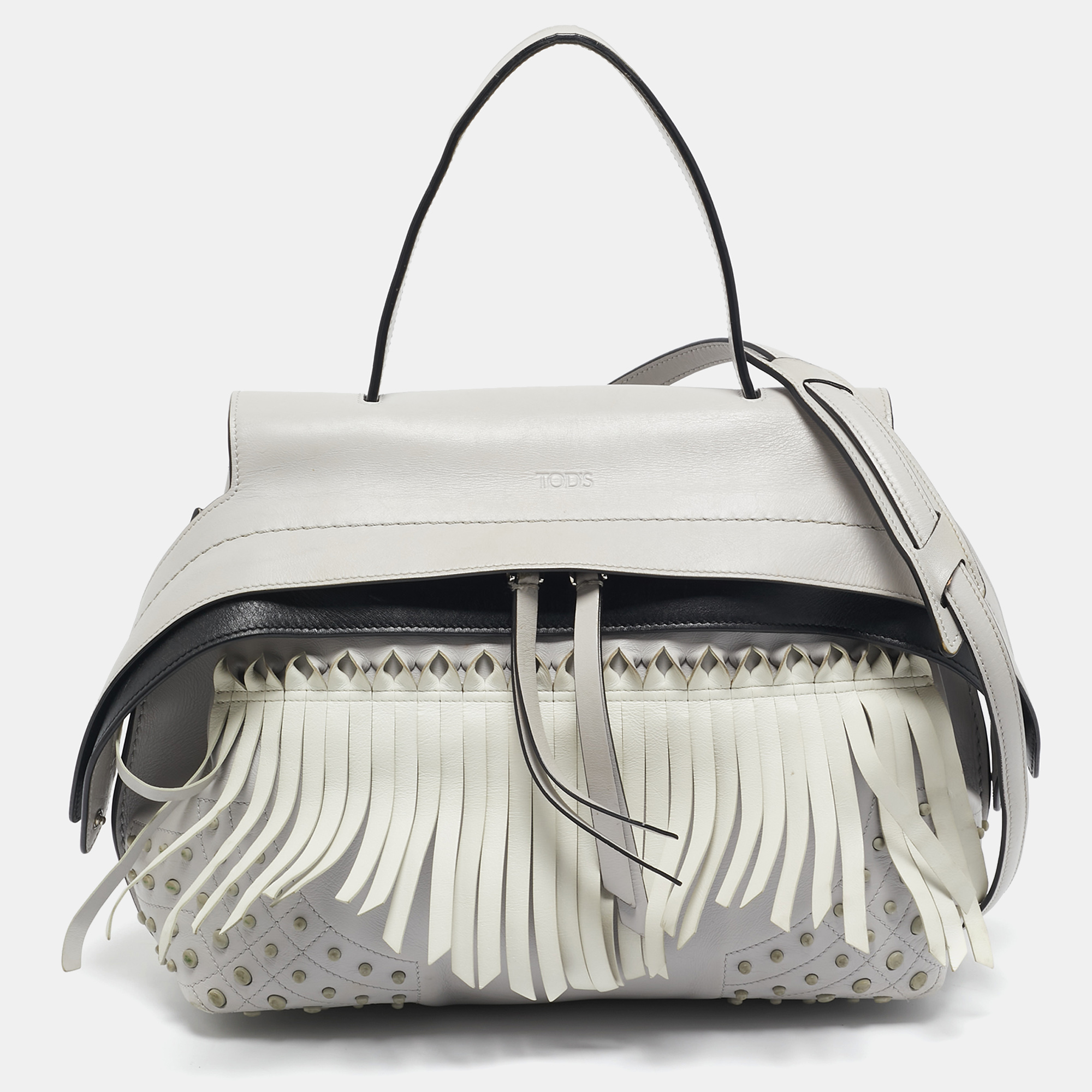 

Tod's Light Grey/White Leather Origami Fringed Top Handle Bag