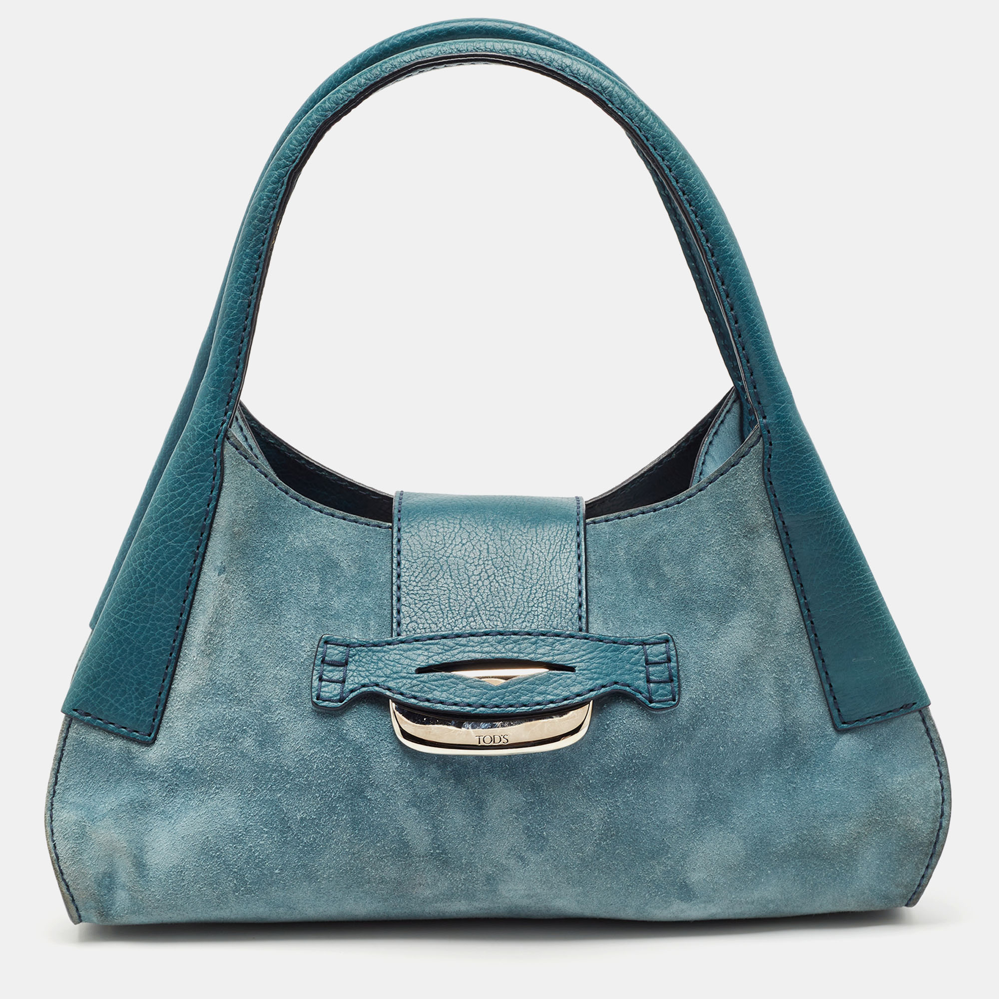 

Tod's Teal Blue Leather and Suede Shoulder Bag