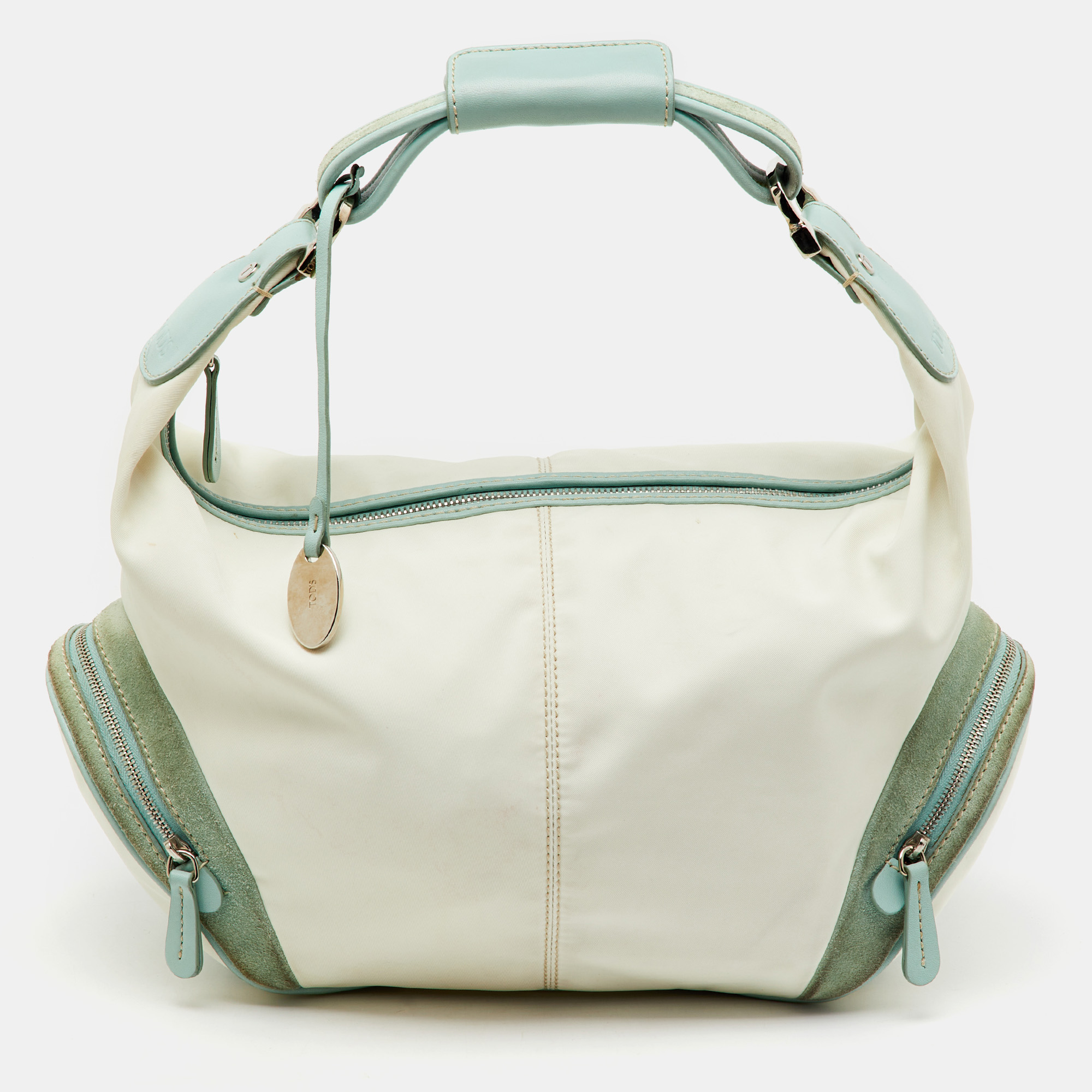 

Tod's Off White/Green Nylon,Suede and Leather Charlotte Hobo