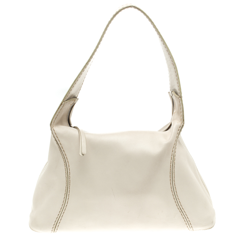 Pre Owned حقيبة كتف تودز جلد أبيض أوف وايت