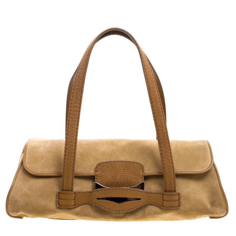 Pre Owned Tod's Light Brown Suede Fold In Flap Bag