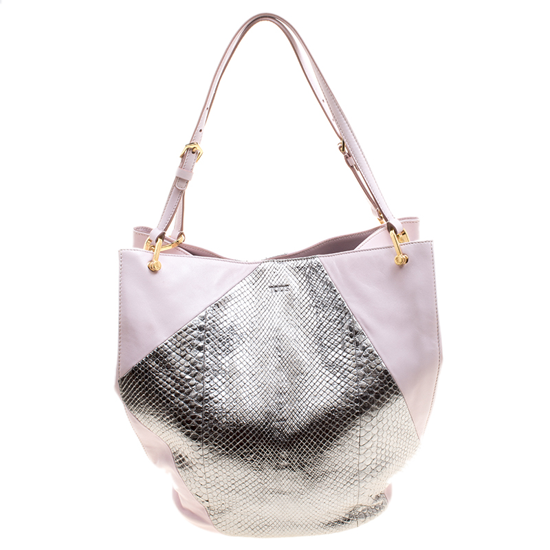 Pre Owned Tod's Pink/Silver Leather and Python Medium Horse Secchiello Tote