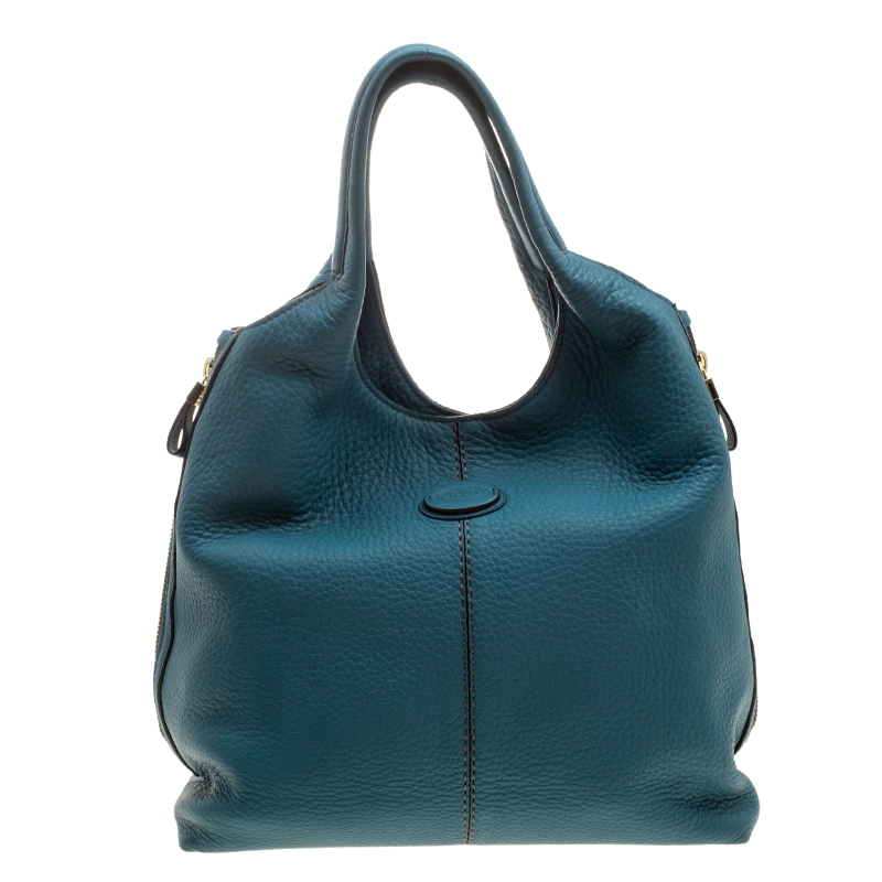 Pre Owned Tod's Teal Blue Pebbled Leather Zip Tote