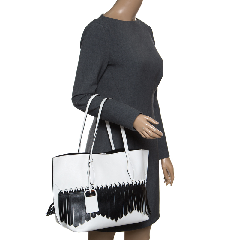 

Tod's White/Black Leather Origami Fringe Shopping Tote