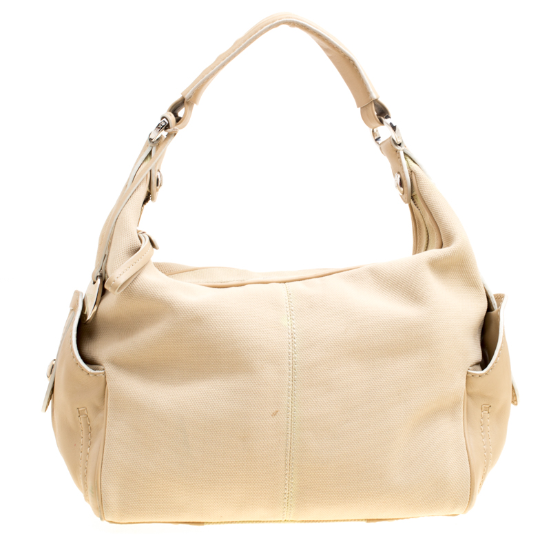Tod's Beige Canvas and Leather Hobo