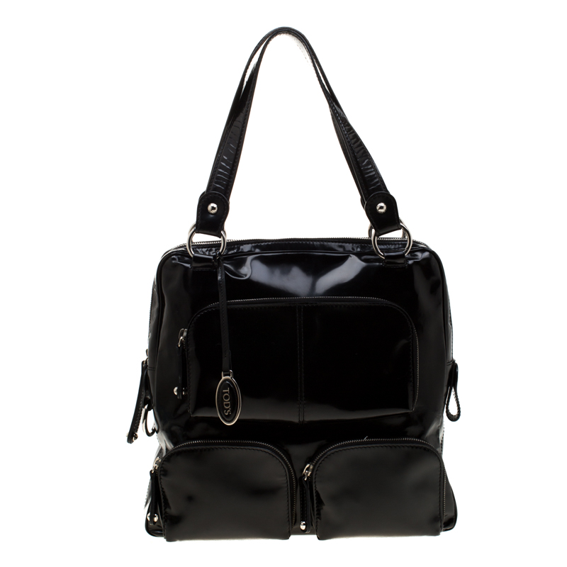 Tod's Black Patent Leather T Bag Media Satchel