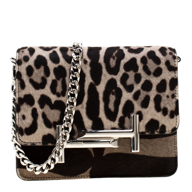 Pre Owned Tod's Brown/Beige Leopard Print Calf Hair Double T Chain Crossbody Bag