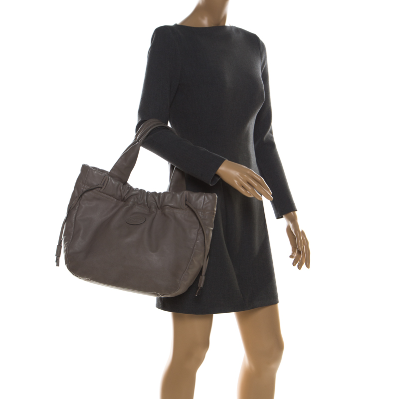 

Tod's Grey Leather Drawstring Tote