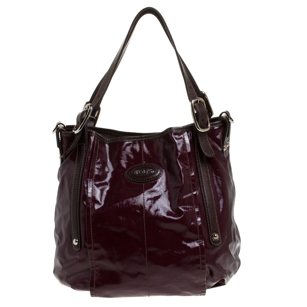Tod's Burgundy Glazed Coated Canvas and Leather G-Line Easy Sacca Tote