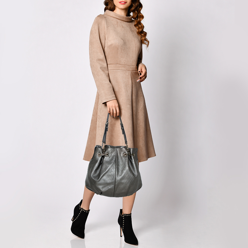 

Tod's Metallic Grey Embossed Leather Drawstring Chain Tote
