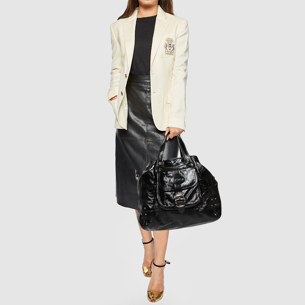 

Tod's Black Patent Leather Front Buckle Pocket Tote