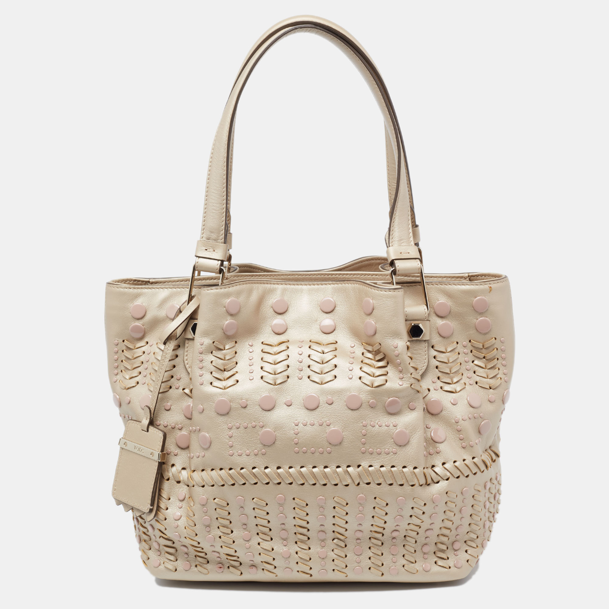 Pre-owned Tod's Metallic Beige Leather Studded Flower Tote