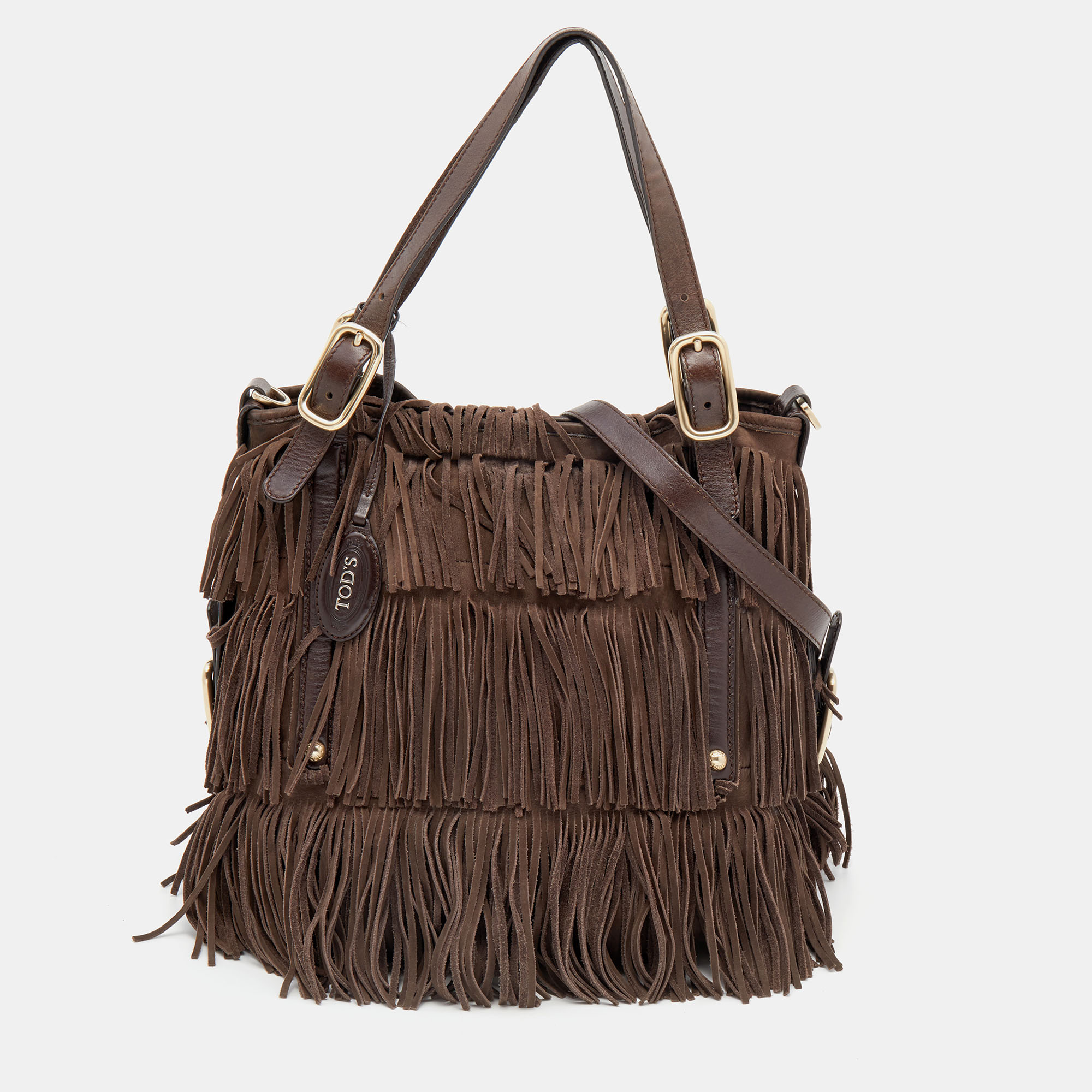 

Tod's Brown Suede and Leather G-Line Frange Media Tote