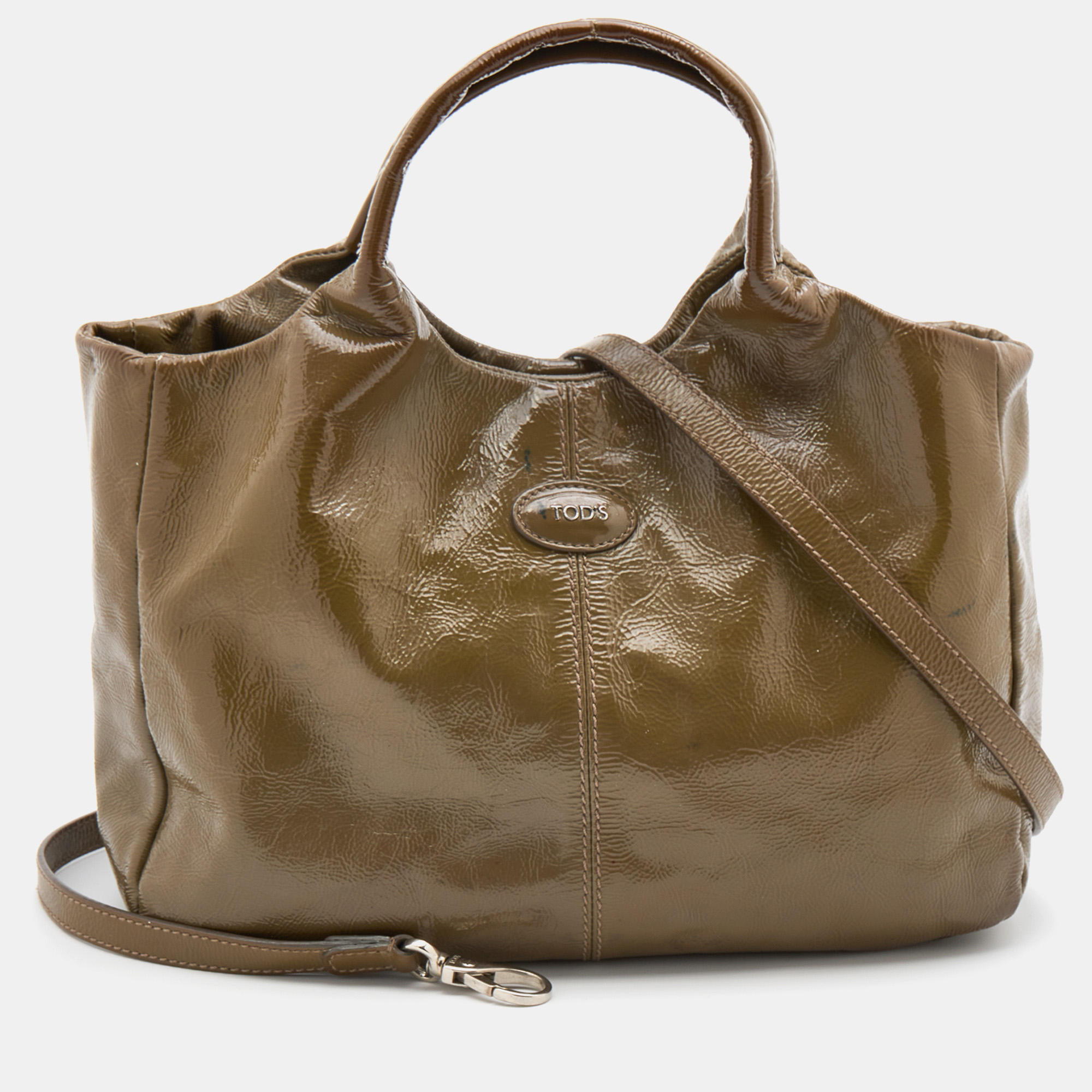 Pre-owned Tod's Olive Patent Leather Tote In Green