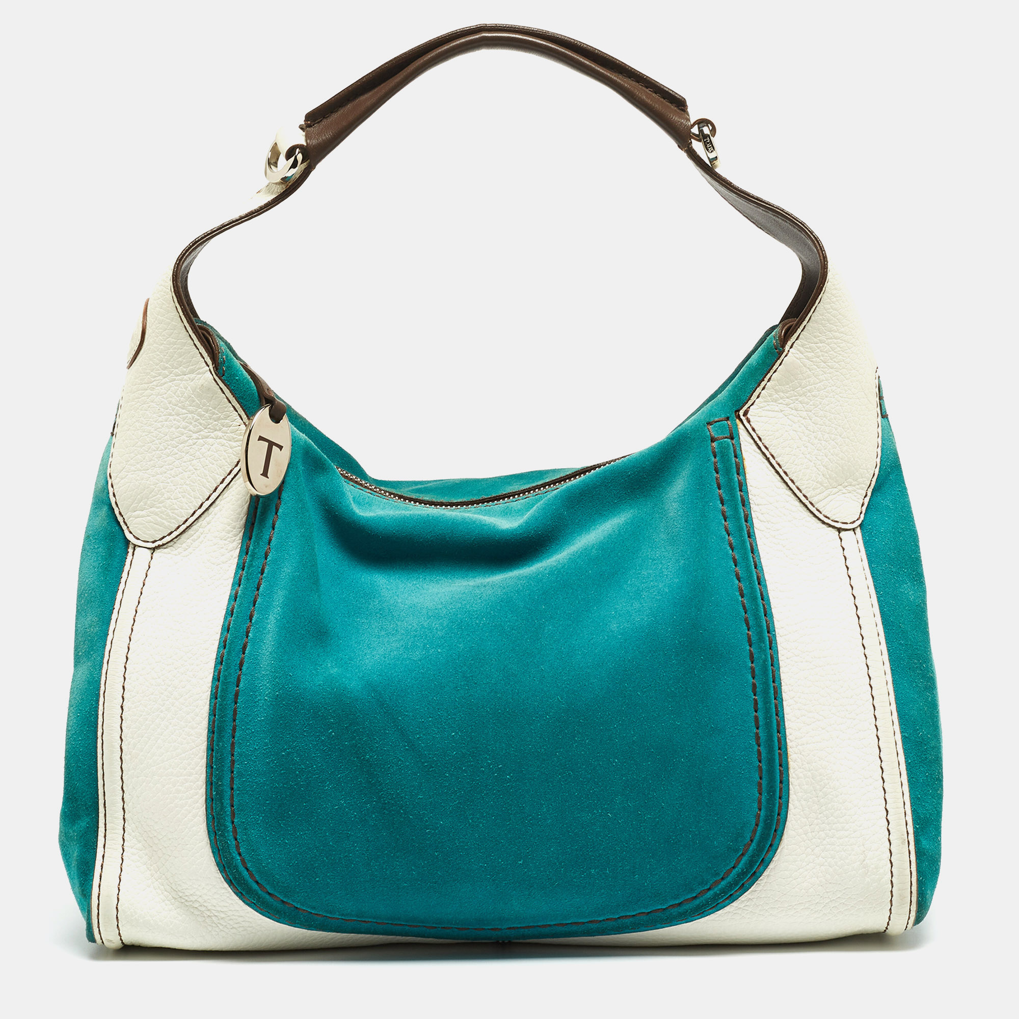 

Tod's Teal Blue/White Leather and Suede Hobo