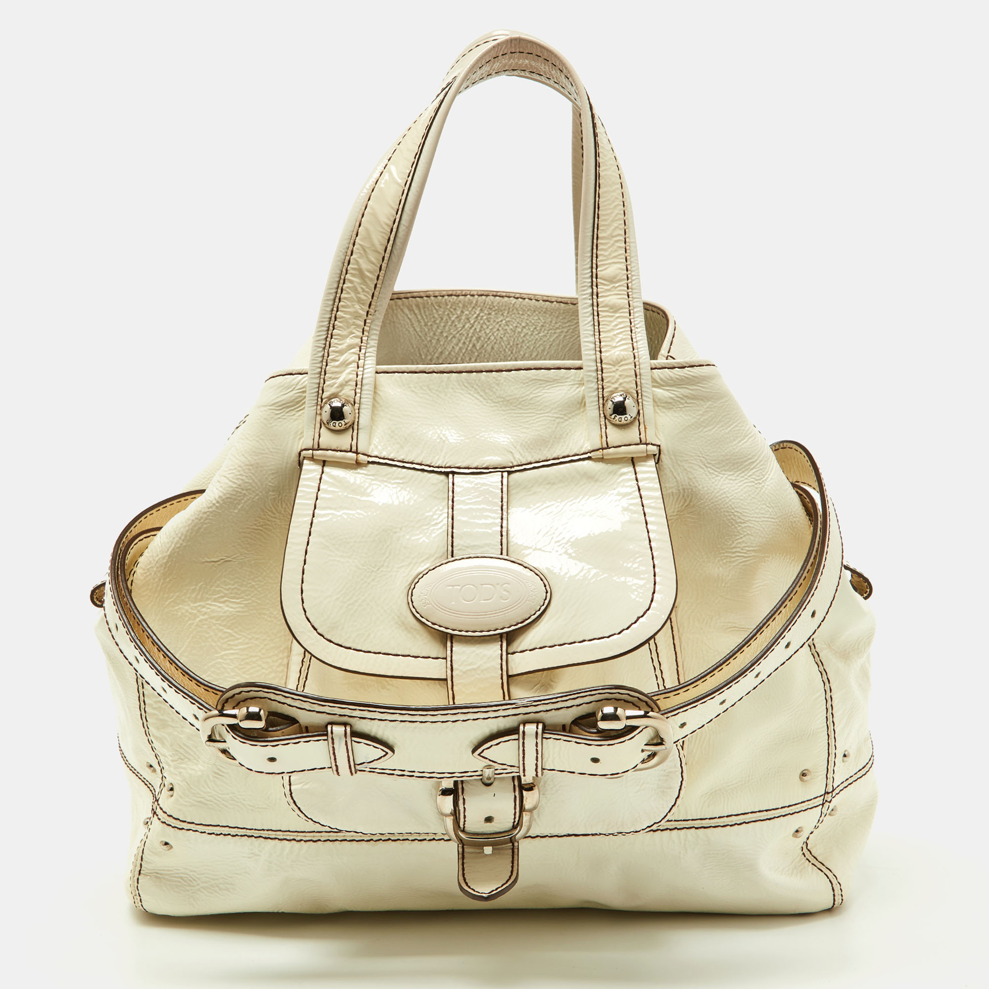 Pre-owned Tod's White Patent Leather Front Pocket Satchel