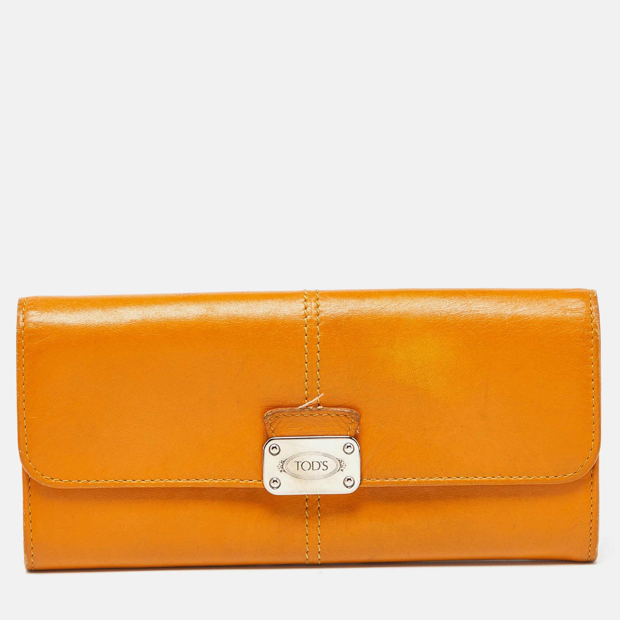 

Tod's Mustard Leather Plaque Logo Continental Flap Wallet, Yellow