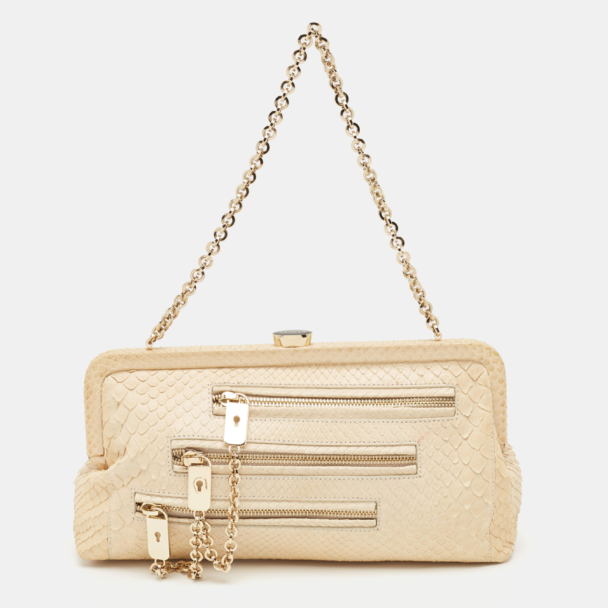 Pre-owned Tod's Cream Python Triple Zip Chain Clutch