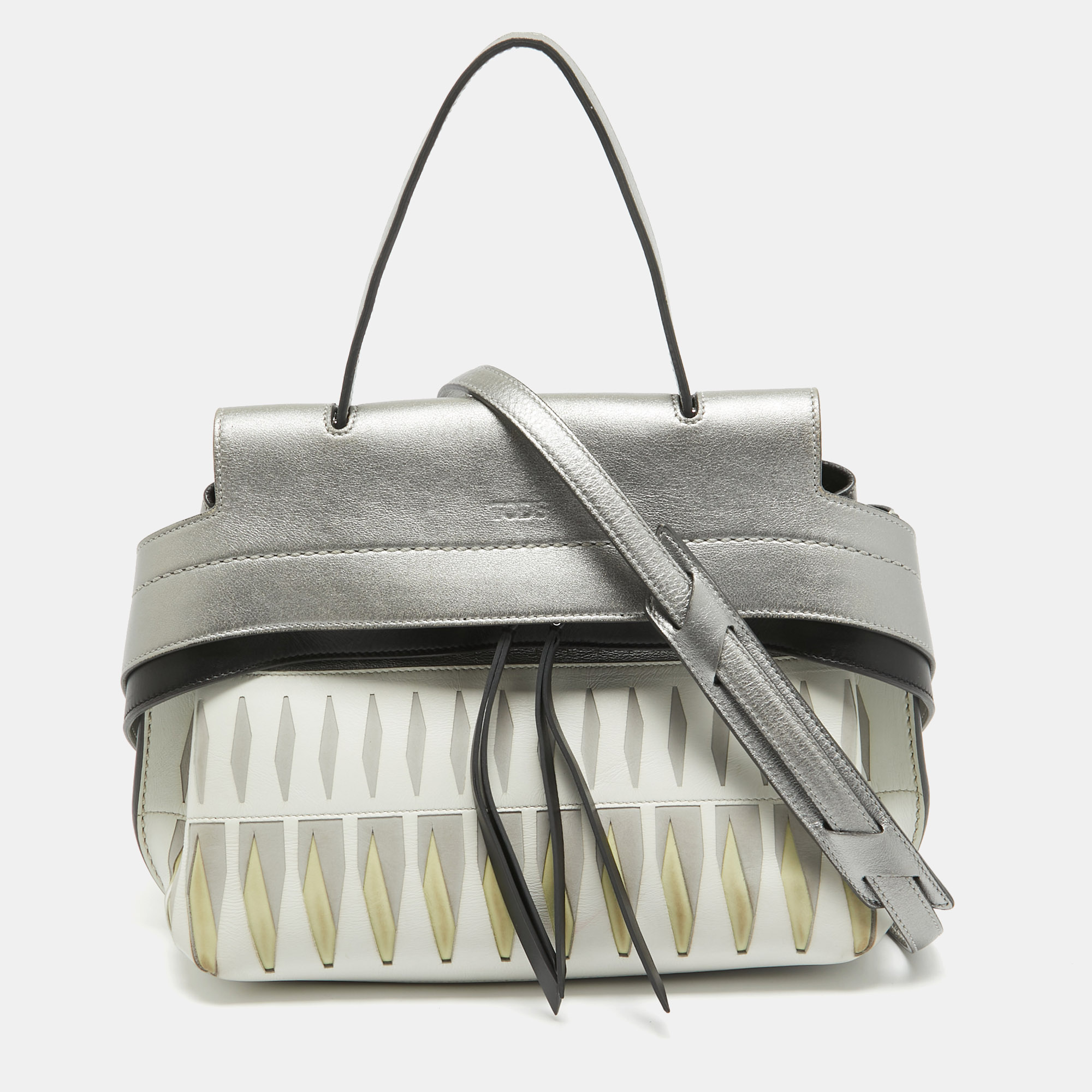Tod's Metallic Grey/White Leather Wave Laser Top Handle Bag