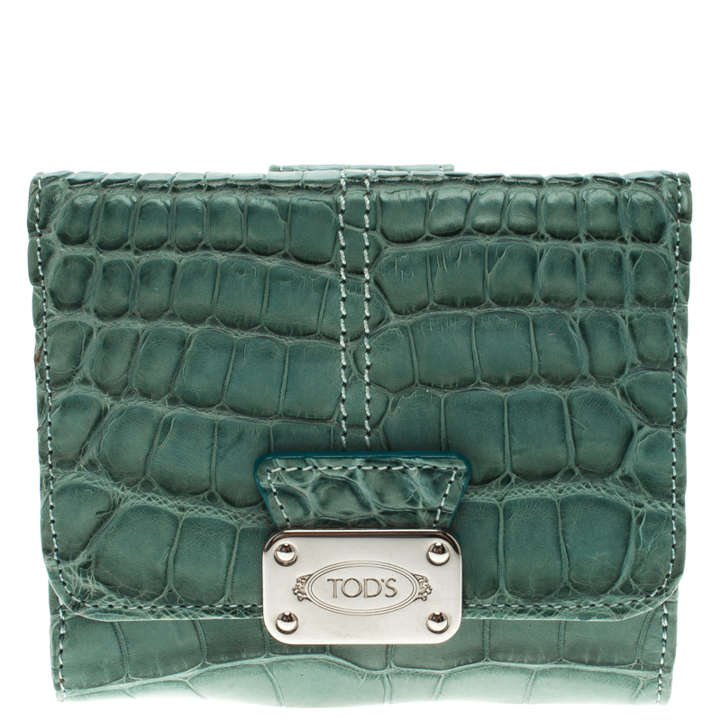 Tod's Baby Blue Alligator Embossed Leather Compact Wallet