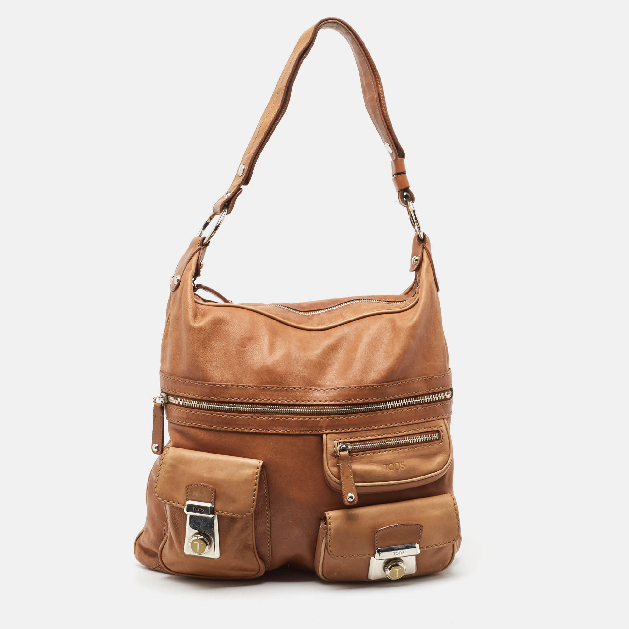 

Tod's Brown Leather Took Tracolla Media Hobo, Beige
