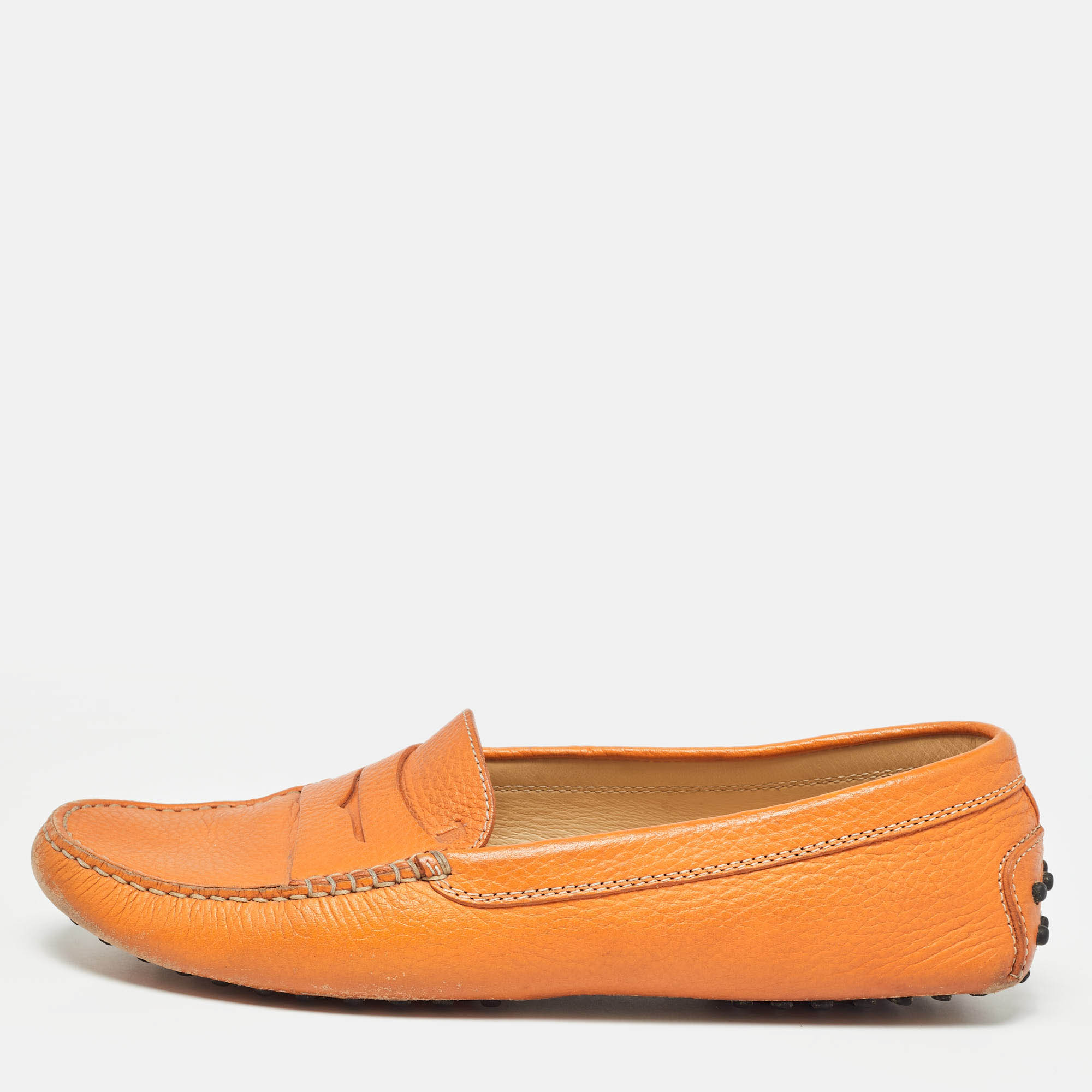 Pre-owned Tod's Orange Leather Penny Slip On Loafers Size 41