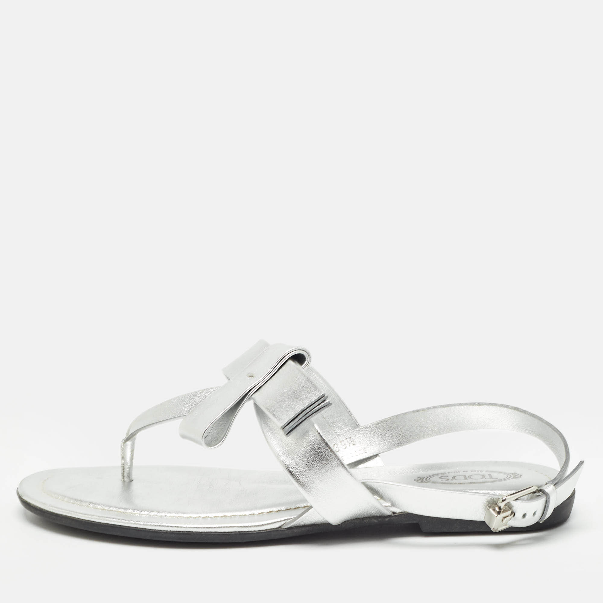 

Tod's Silver Leather Slingback Sandals Size