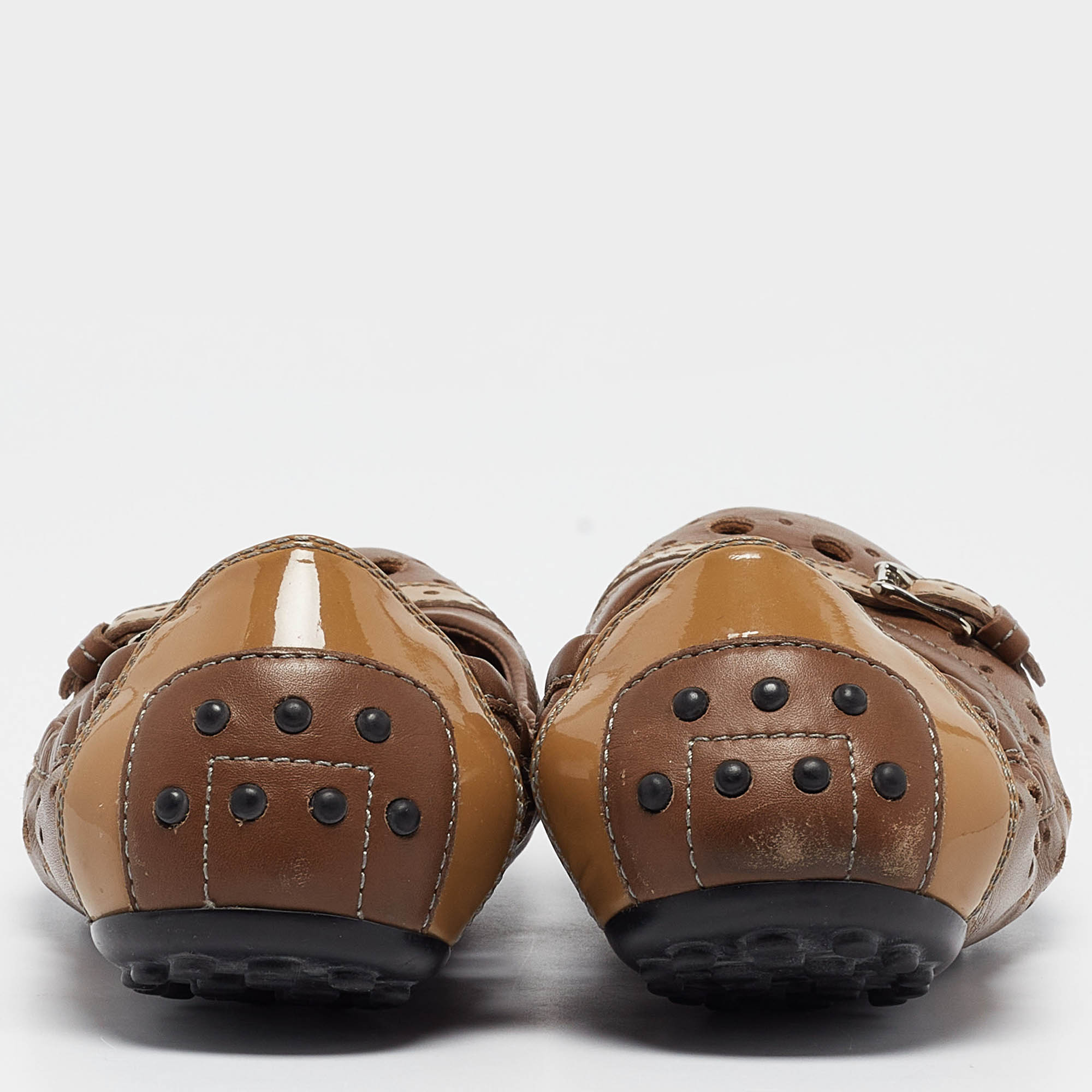 Tod`s Brown Laser Cut Leather Scrunch Ballet Flats Size 37.5 