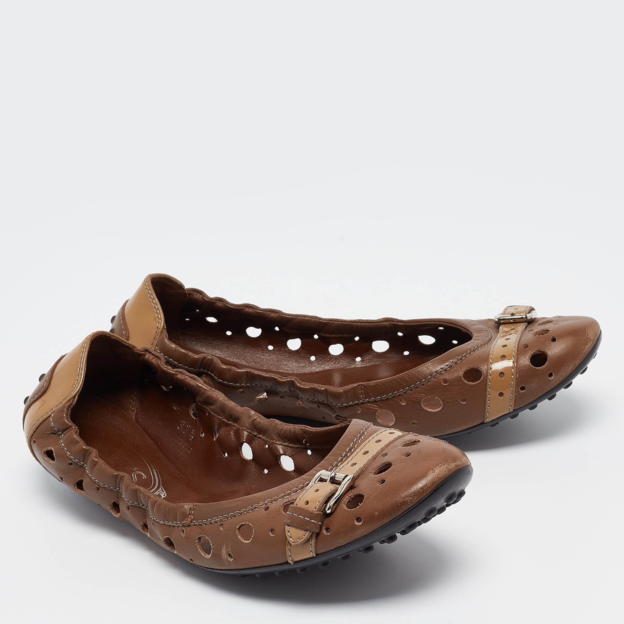 Tod`s Brown Laser Cut Leather Scrunch Ballet Flats Size 37.5 