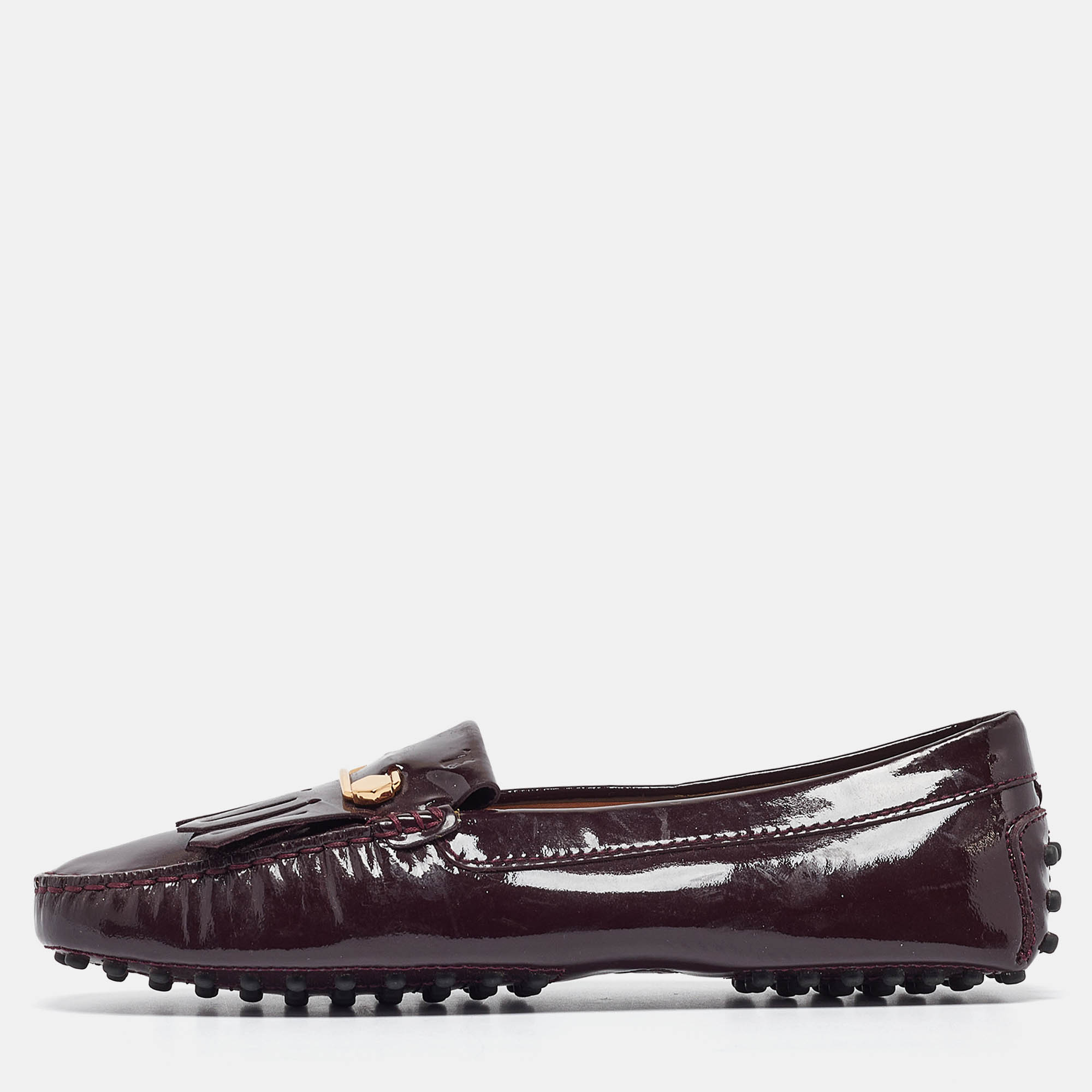 

Tod's Plum Patent Leather Safety Pin Detail Fringe Loafers Size, Brown