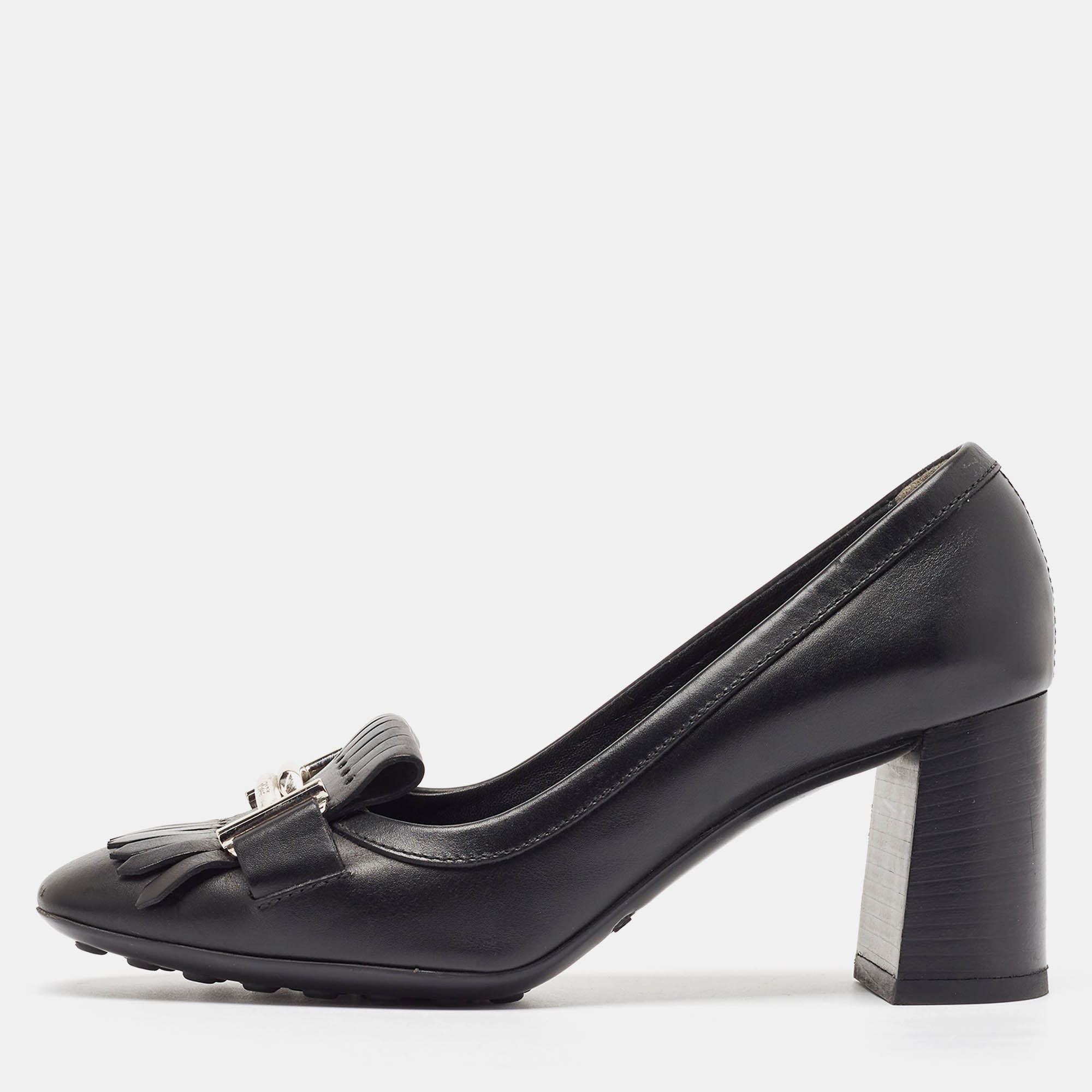 

Tod's Black Leather Double T Buckle Fringed Loafer Pumps Size