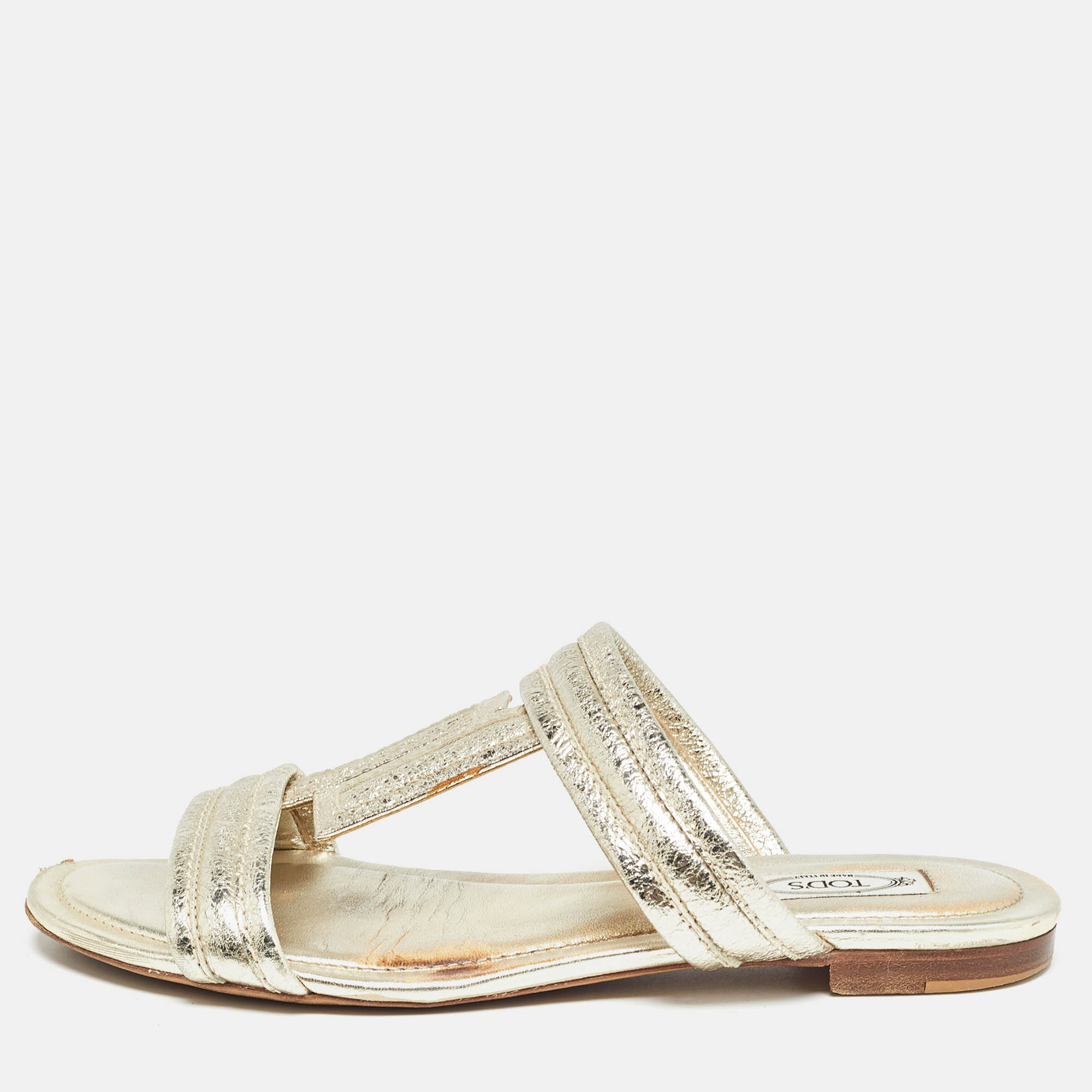 

Tod's Gold Textured Leather Double T Strap Flat Slides Size